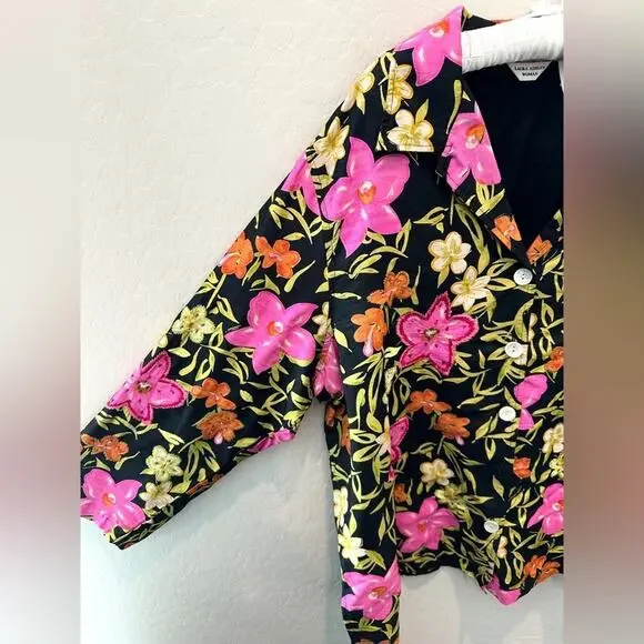 LAURA ASHLEY | Woman Silk Floral Embroidered Blouse Black Pink Boho | Size 2X - Picture 3 of 8